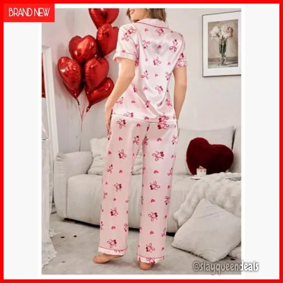 Satin Pajama Set with Bow Print, Button Down Shirt, Pockets